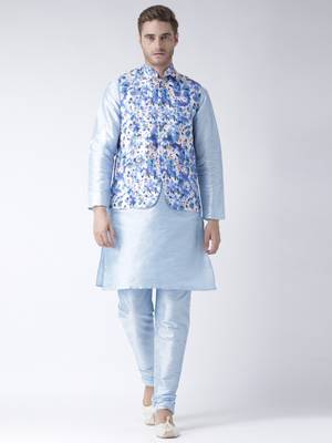 Blue Plain Polyester Kurta Pajama 1