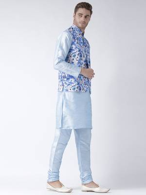 Blue Plain Polyester Kurta Pajama 3