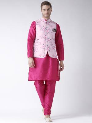 Pink Plain Polyester Kurta Pajama 1