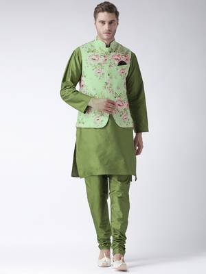 Green Plain Polyester Kurta Pajama 1