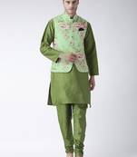Green Plain Polyester Kurta Pajama