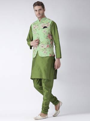 Green Plain Polyester Kurta Pajama 2