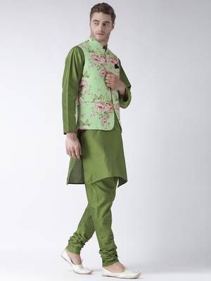 Green Plain Polyester Kurta Pajama 3
