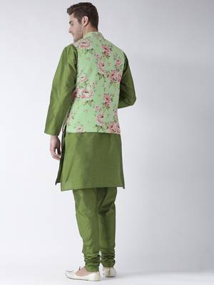 Green Plain Polyester Kurta Pajama 4