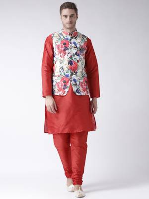 Red Plain Polyester Kurta Pajama 1