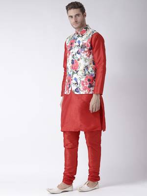 Red Plain Polyester Kurta Pajama 2