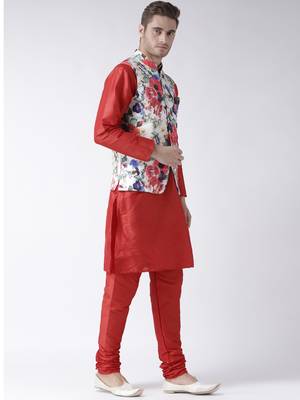 Red Plain Polyester Kurta Pajama 3