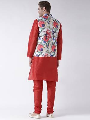 Red Plain Polyester Kurta Pajama 4