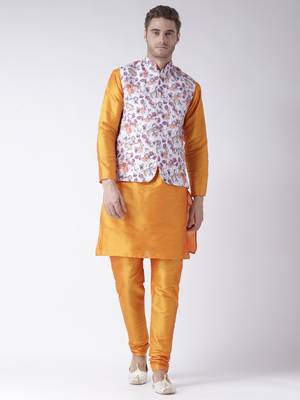 Yellow Plain Polyester Kurta Pajama 1