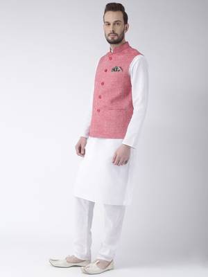 Red Plain Cotton Kurta Pajama 3