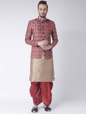 Beige Printed Dupion Silk Dhoti Kurta 1