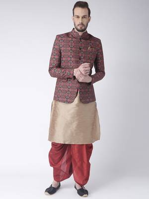 Beige Printed Dupion Silk Dhoti Kurta 1