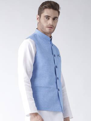 Blue Plain Linen Nehru Jacket 3