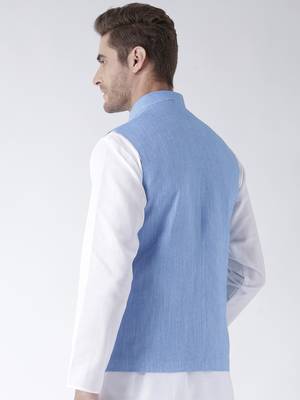 Blue Plain Linen Nehru Jacket 5