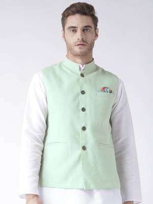 Green Plain Linen Nehru Jacket 1