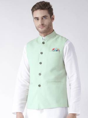 Green Plain Linen Nehru Jacket 2