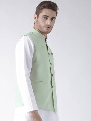 Green Plain Linen Nehru Jacket 3