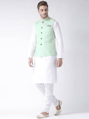 Green Plain Linen Nehru Jacket 4