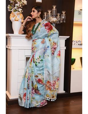 Multicolor Handwoven Printed Linen Saree 1