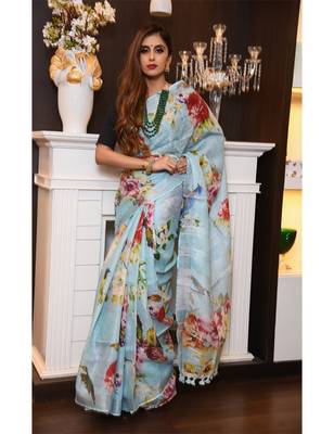 Multicolor Handwoven Printed Linen Saree 3