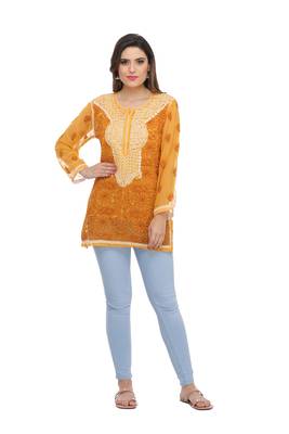 Mustard Embroidered Georgette Chikankari Kurti  1