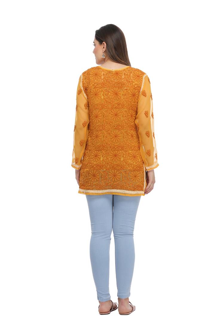 Mustard Embroidered Georgette Chikankari Kurti 