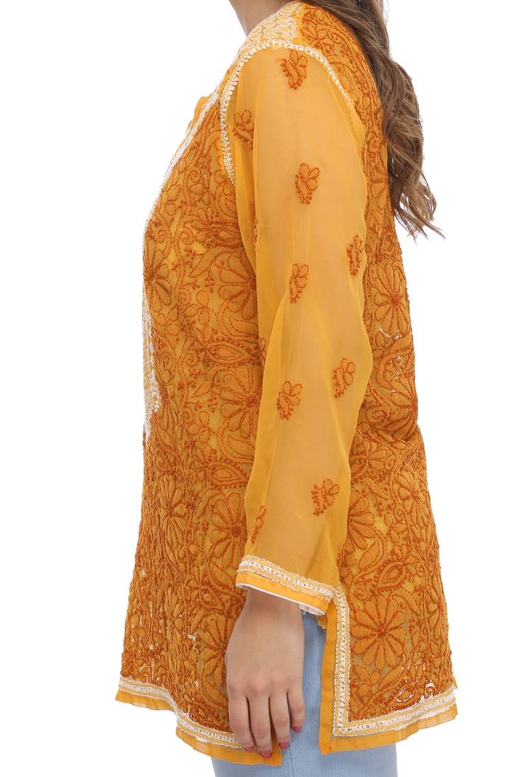 Mustard Embroidered Georgette Chikankari Kurti 
