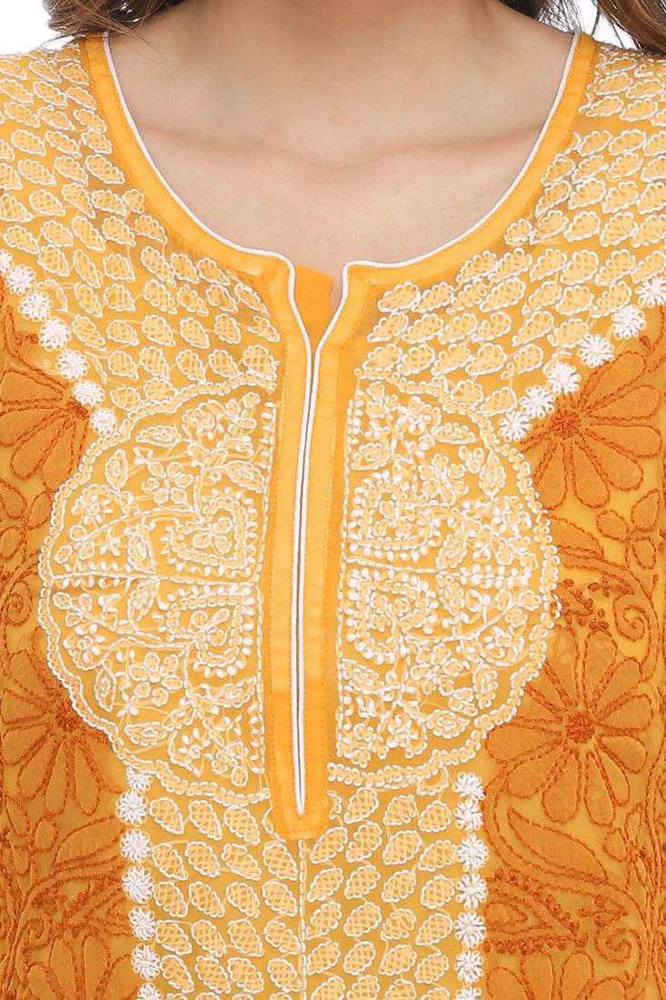 Mustard Embroidered Georgette Chikankari Kurti 