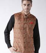 Brown Printed Polyester Nehru Jacket