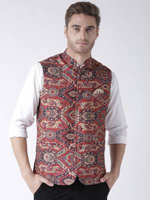 Maroon Printed Polyester Nehru Jacket 1