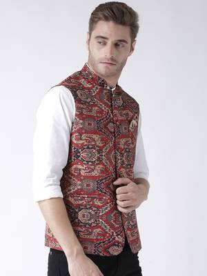 Maroon Printed Polyester Nehru Jacket 3