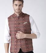Brown Printed Polyester Nehru Jacket