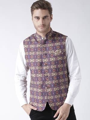 Purple Printed Polyester Nehru Jacket 1