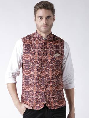 Brown Printed Polyester Nehru Jacket 1
