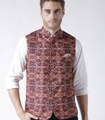 Brown Printed Polyester Nehru Jacket