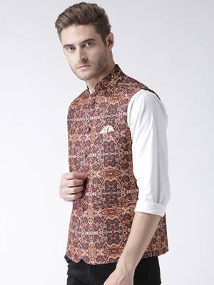 Brown Printed Polyester Nehru Jacket 2