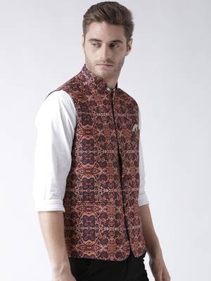 Brown Printed Polyester Nehru Jacket 3