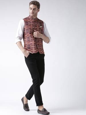 Brown Printed Polyester Nehru Jacket 4