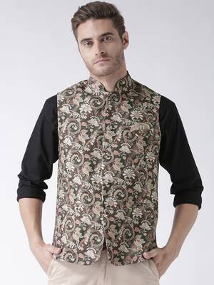 Brown Printed Polyester Nehru Jacket 1