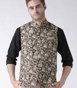 Brown Printed Polyester Nehru Jacket