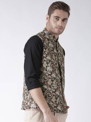 Brown Printed Polyester Nehru Jacket 3