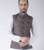 Brown Printed Polyester Nehru Jacket
