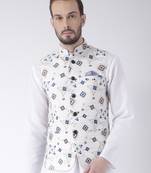 White Printed Polyester Nehru Jacket