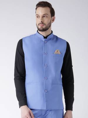Blue Plain Polyester Nehru Jacket 1