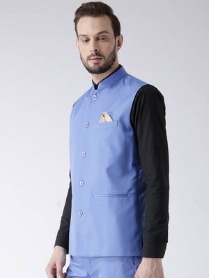 Blue Plain Polyester Nehru Jacket 3