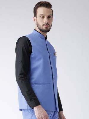 Blue Plain Polyester Nehru Jacket 4