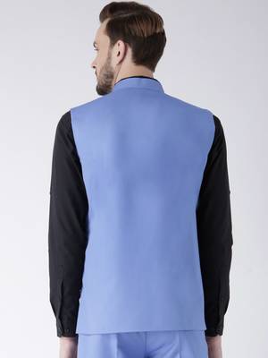 Blue Plain Polyester Nehru Jacket 5