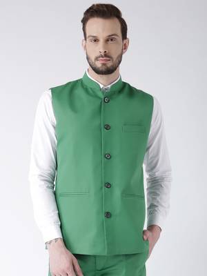Green Plain Polyester Nehru Jacket 1