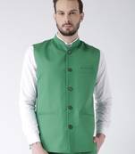 Green Plain Polyester Nehru Jacket