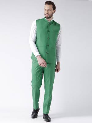 Green Plain Polyester Nehru Jacket 2